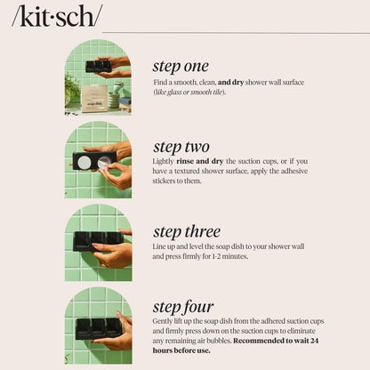 Hold dine shampoo-, conditioner- og body bars tørre og organiserede med KITSCH Self-Draining Soap Dish. Elegant sæbeholder med sugekopper, fremstillet af 100 % genbrugsplast – bæredygtig, funktionel og zero waste.