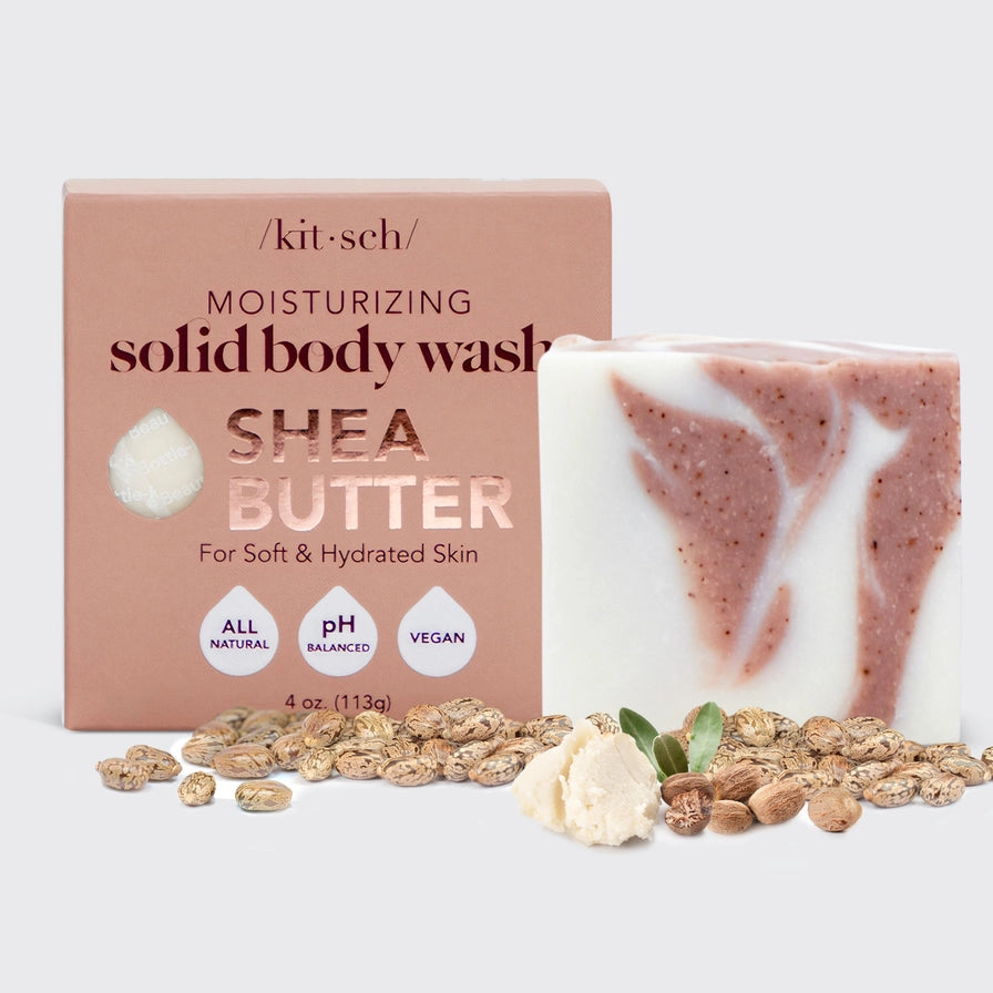 Rens & plej huden med KITSCH Body Wash Bar. Fugtgivende sæbebar med Shea Butter & E-vitamin – vegansk, flaske-fri & bæredygtig.