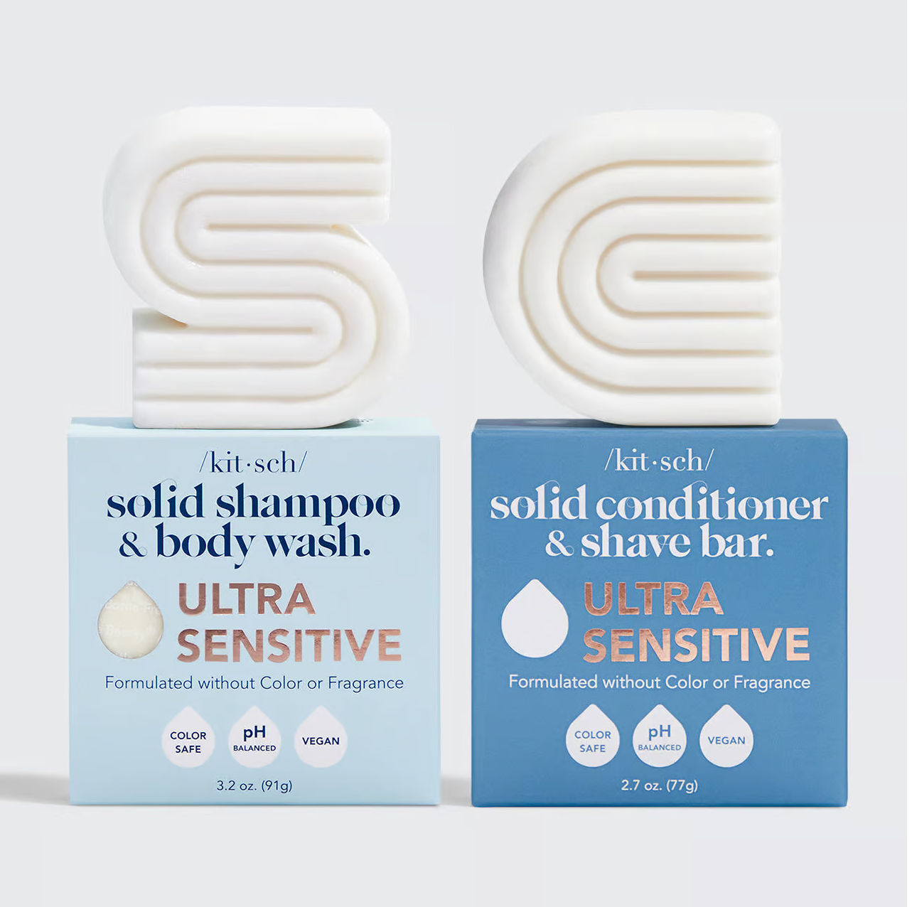 Mild, parfumefri hårpleje til sensitiv hud. KITSCH Ultra Sensitive Shampoo &amp; Conditioner Bars renser, plejer og reducerer plastikforbrug. Vegansk &amp; Zero Waste.