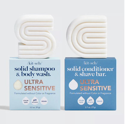 Mild, parfumefri hårpleje til sensitiv hud. KITSCH Ultra Sensitive Shampoo &amp; Conditioner Bars renser, plejer og reducerer plastikforbrug. Vegansk &amp; Zero Waste.