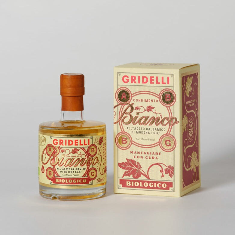 Økologisk hvid balsamico fra Modena IGP i glasflaske