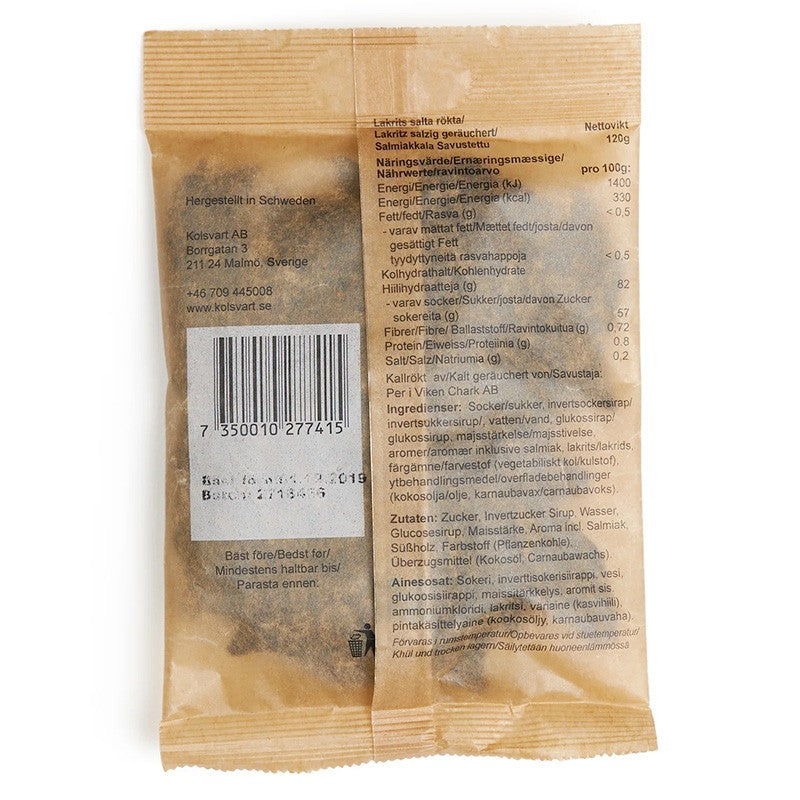 Kolsvart Røget Lakridsfisk – intens salt og røgfyldt gourmetlakrids. Vegansk, glutenfri og håndlavet i Sverige med ægte nordisk smag.