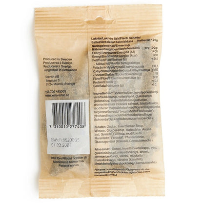 Kolsvart Salt Lakridsfisk – klassisk nordisk gourmetlakrids. Vegansk, glutenfri og håndlavet i Sverige med perfekt balance mellem salt og sødme.