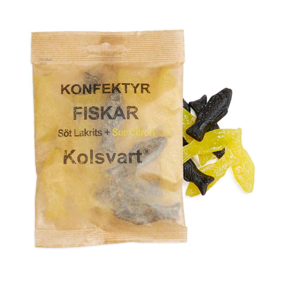 Kolsvart Sød Lakrids &amp; Sur Citron – vegansk og glutenfri gourmet slik. Perfekt balance mellem blød lakrids og frisk-syrlig citron.