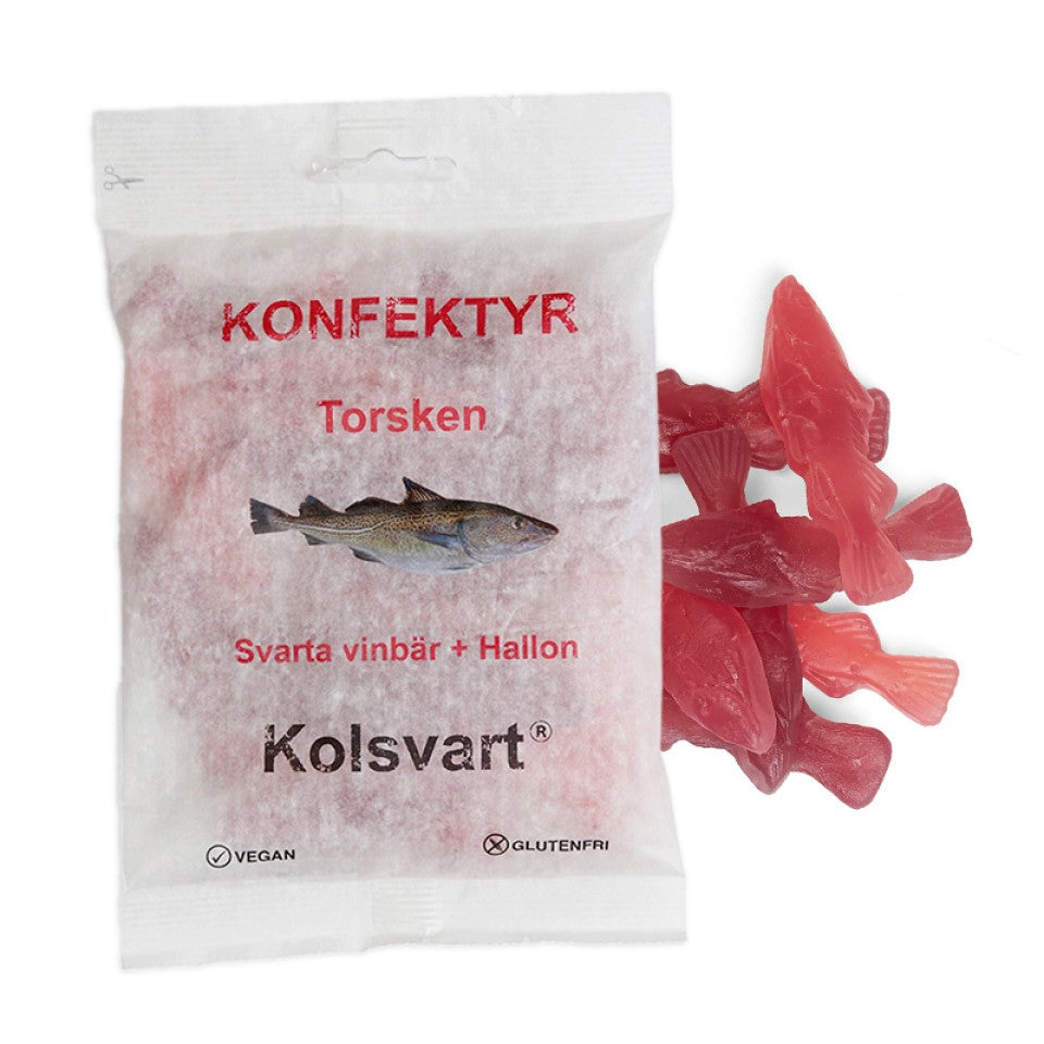 Kolsvart Torsken – vegansk &amp; glutenfri vingummi med solbær, hindbær og et strejf af lakrids. Håndlavet i Sverige og bæredygtigt produceret.