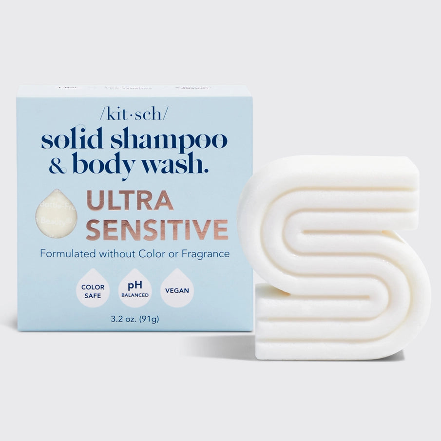 KITSCH Ultra Sensitive Shampoo & Body Wash Bar – mild, duftfri 2-i-1 bar til sensitiv hud og hår. Vegansk, cruelty-free og fri for sulfater, parabener og silikoner. Zero-Waste & klinisk testet.
