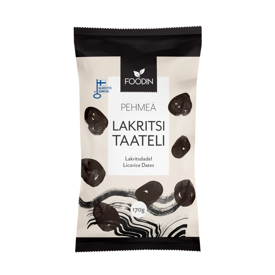 Foodin Lakrids dadler – Økologiske Deglet Nour dadler med intens lakrids | Sund snack