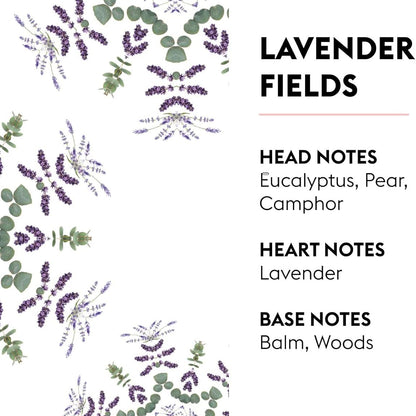 Bring den friske og beroligende duft af Provence`s lavendel marker ind i dit hjem med Lavender Fields - en herlig duft af lavendel, eukalyptus og pære.