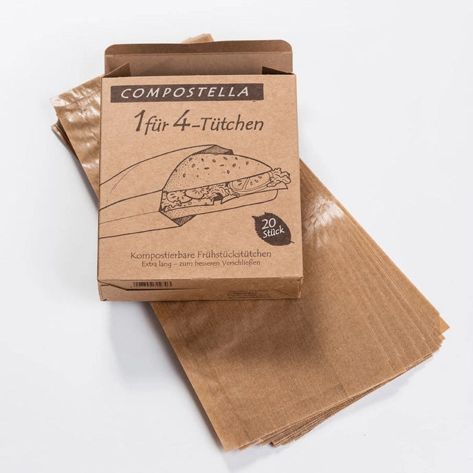 Compostella 1 for 4 Bags erstatter husholdningsfilm, aluminiumsfolie og bagepapir. Komposterbare poser til opbevaring, bagning og opvarmning – 100 % naturlige.