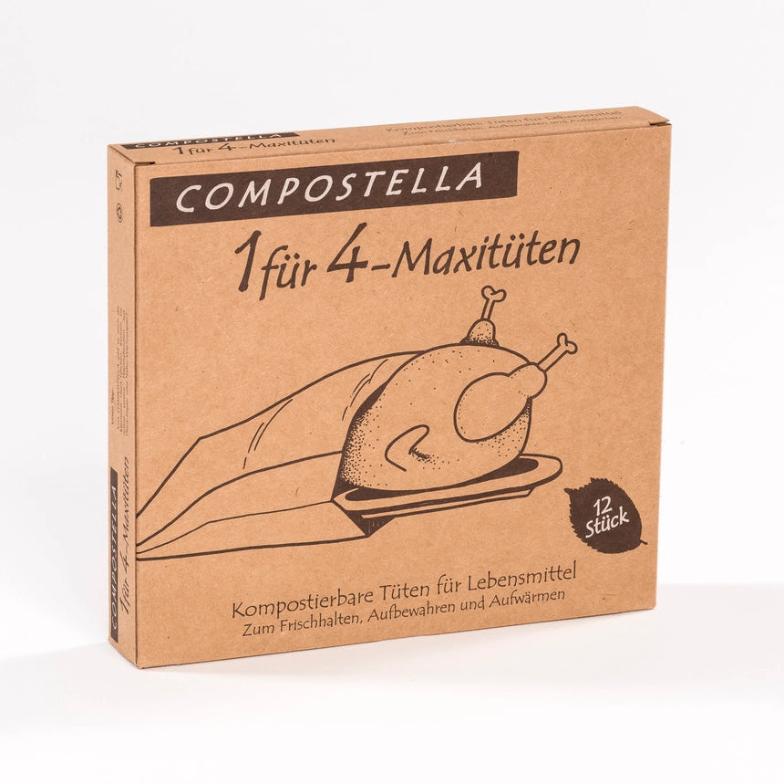 Compostella 1 for 4 Bags erstatter husholdningsfilm, aluminiumsfolie og bagepapir. Komposterbare poser til opbevaring, bagning og opvarmning – 100 % naturlige.