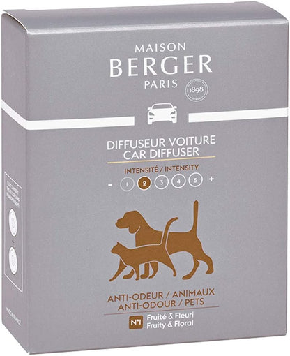 Effektiv refill til Maison Berger bildiffuser, der neutraliserer kæledyrslugt og efterlader bilen frisk, ren og behagelig.
