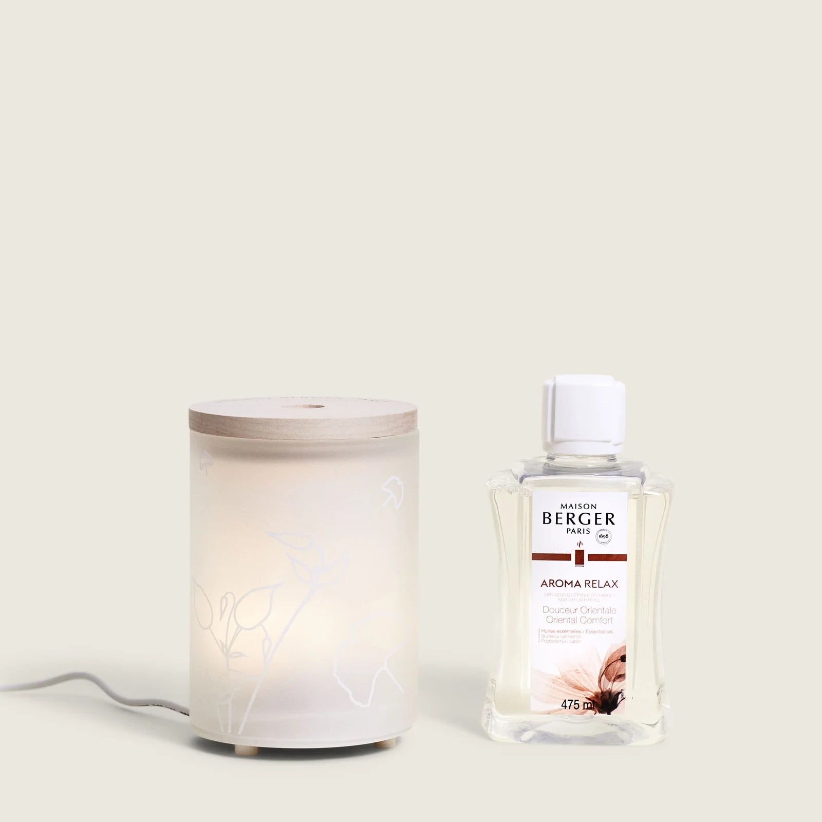 Aroma Relax Diffuser-sæt fra Maison Berger Paris – en harmonisk aromaterapi-oplevelse, der lindrer stress og forvandler dit hjem til et roligt fristed.