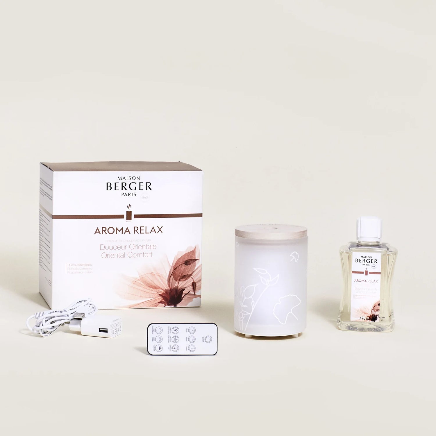 Aroma Relax Diffuser-sæt fra Maison Berger Paris – en harmonisk aromaterapi-oplevelse, der lindrer stress og forvandler dit hjem til et roligt fristed.
