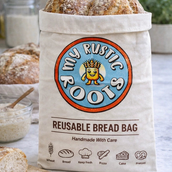 My Rustic Roots Original genanvendelig brødpose med bivoksforet inderside og justerbart spænde til surdejsbrød