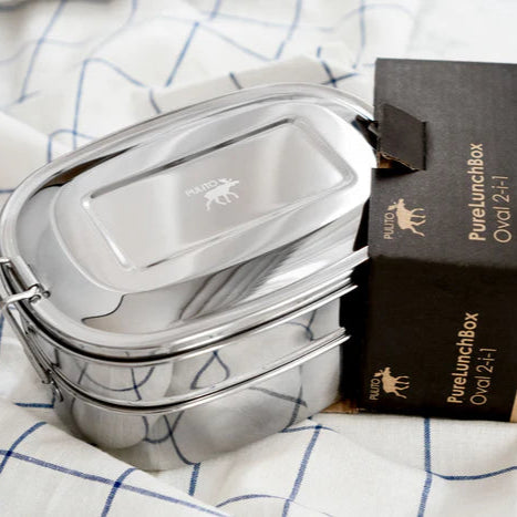 Pulito PureLunchBox Oval | Bæredygtig madkasse i rustfrit stål med 2 rum – plastikfri &amp; lufttæt