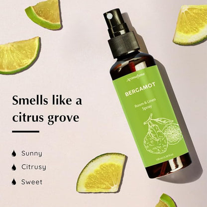 Aromafume Roomspray med Bergamot – naturlig duftspray med æteriske olier. Frisk citrusduft, der skaber energi, ro og balance i hjemmet.