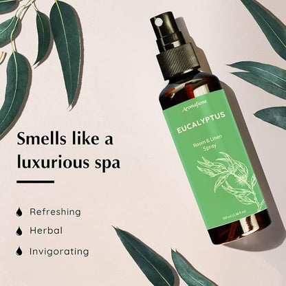 Aromafume Room &amp; Linenspray med Eukalyptus. Naturlig, rensende duftspray med æteriske olier. Skaber ro, friskhed og spa-stemning i hjemmet.