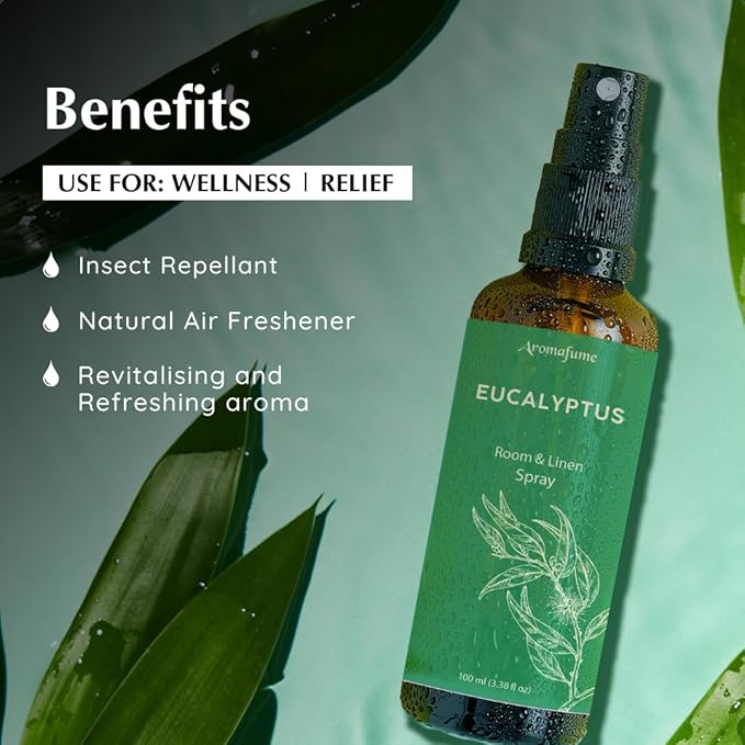 Aromafume Room &amp; Linenspray med Eukalyptus. Naturlig, rensende duftspray med æteriske olier. Skaber ro, friskhed og spa-stemning i hjemmet.