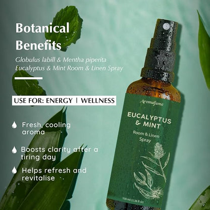 Aromafume Roomspray med Eukalyptus &amp; Mynte – frisk, naturlig duftspray med æteriske olier. Renser luften, giver energi og balance i hjemmet.