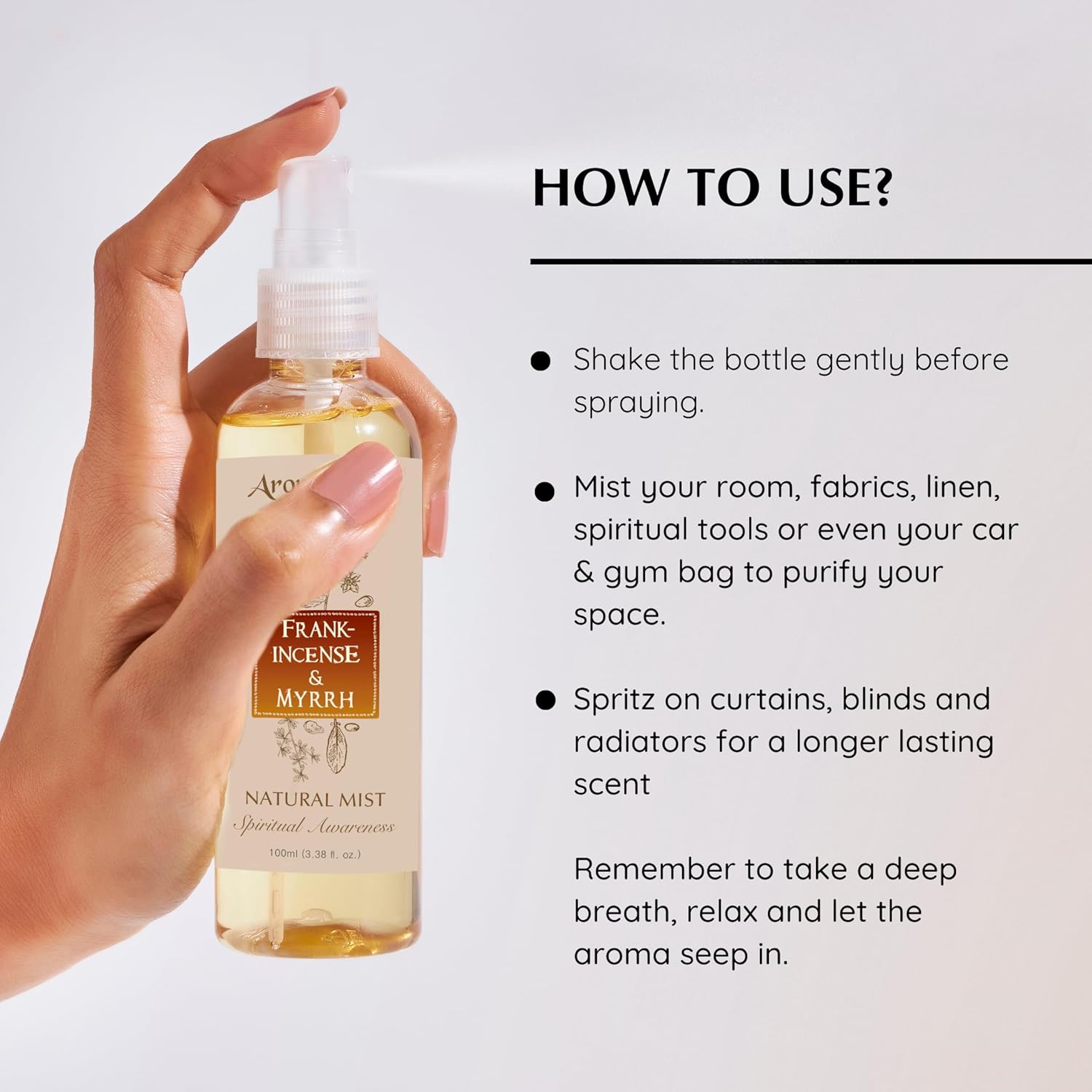 Aromafume Roomspray med Frankincense &amp; Myrrh – røgfri rensning med æteriske olier. Skaber ro, energi og spirituel balance i dit hjem.