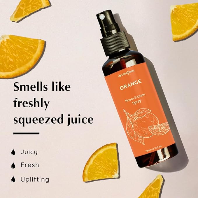 Aromafume Roomspray med Orange – naturlig citrusduft med æteriske olier. Skaber friskhed, energi og glæde i hjemmet. Vegansk &amp; miljøvenlig.