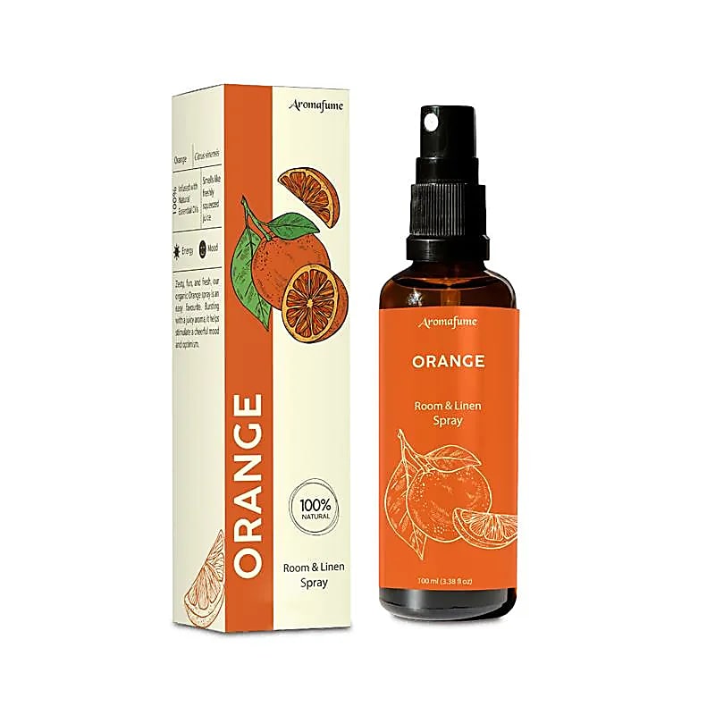 Aromafume Roomspray med Orange – naturlig citrusduft med æteriske olier. Skaber friskhed, energi og glæde i hjemmet. Vegansk &amp; miljøvenlig.