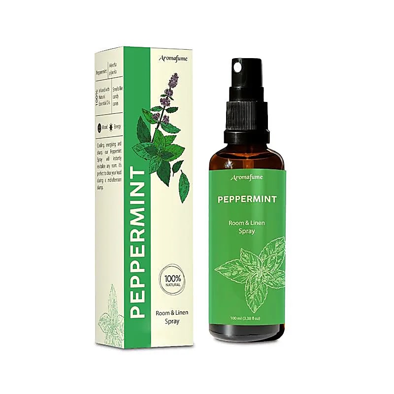 Aromafume Roomspray med Pebermynte – frisk duft med æteriske olier, der giver energi, klarhed og balance. Vegansk og naturlig duftspray til hjemmet.