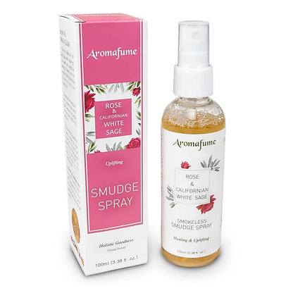 Aromafume Smudge spray med salvie og roser i hvid sprayflaske, naturlig hjemmeduft til energirensning