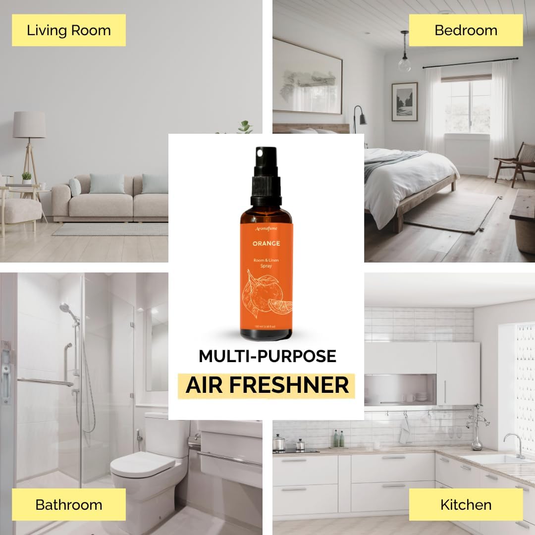 Aromafume Roomspray med Orange – naturlig citrusduft med æteriske olier. Skaber friskhed, energi og glæde i hjemmet. Vegansk &amp; miljøvenlig.