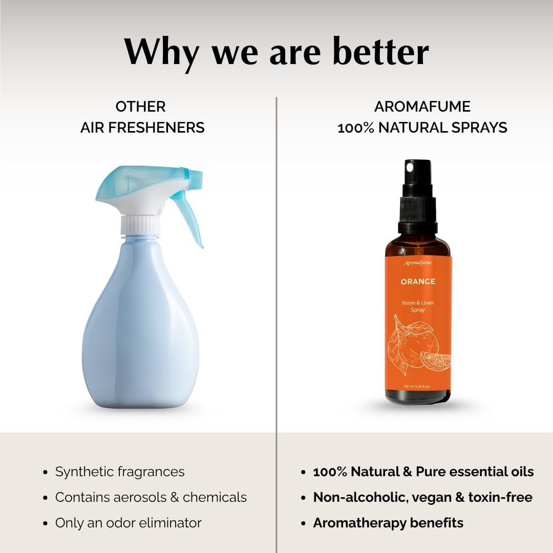 Aromafume Roomspray med Orange – naturlig citrusduft med æteriske olier. Skaber friskhed, energi og glæde i hjemmet. Vegansk &amp; miljøvenlig.