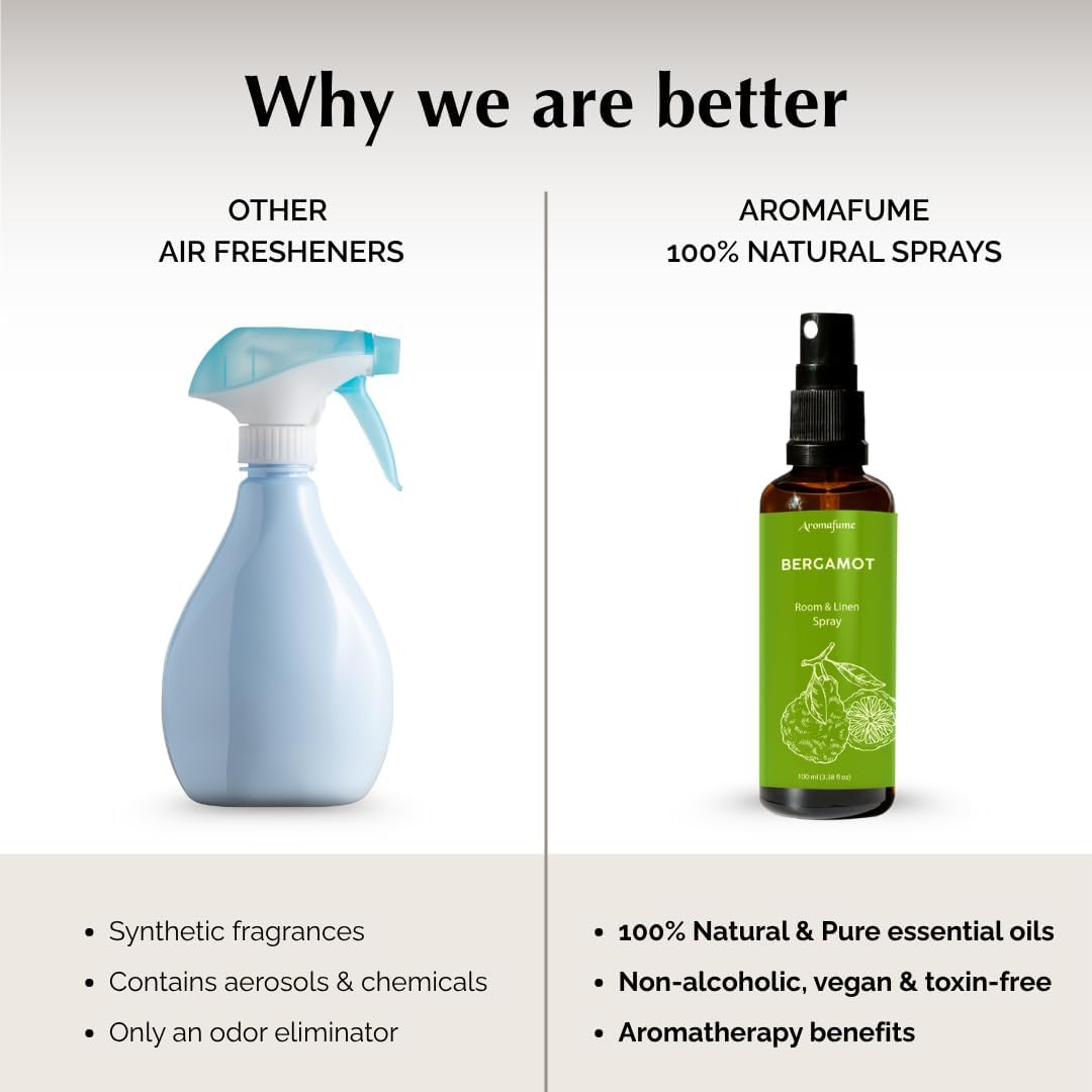 Aromafume Roomspray med Bergamot – naturlig duftspray med æteriske olier. Frisk citrusduft, der skaber energi, ro og balance i hjemmet.