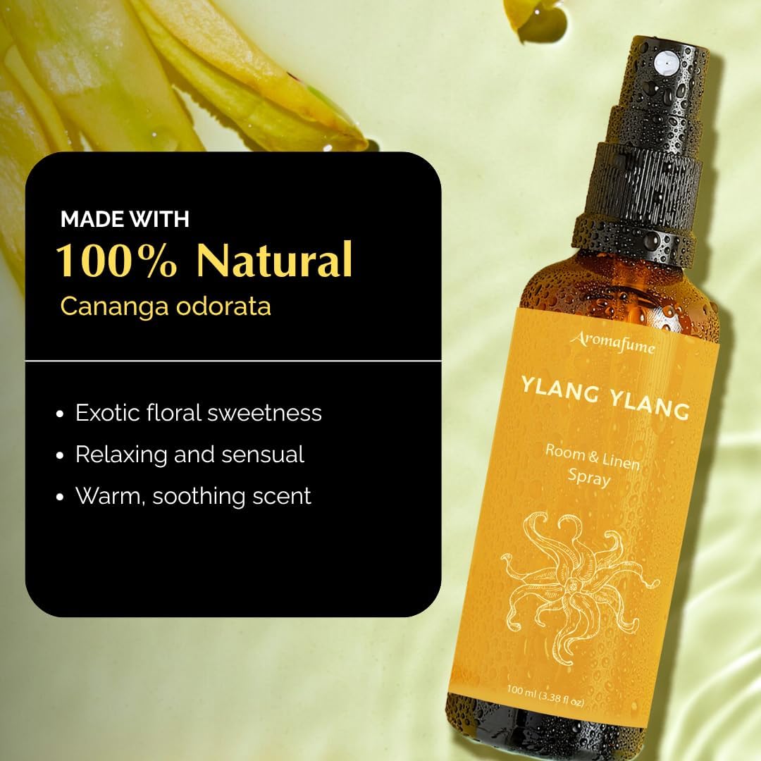 Aromafume Roomspray med Ylang Ylang – eksotisk blomsterduft, der skaber ro, glæde og balance. 100 % naturlig, vegansk og cruelty-free.