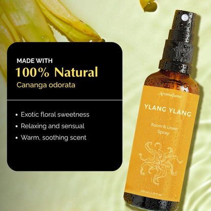Aromafume Roomspray med Ylang Ylang – eksotisk blomsterduft, der skaber ro, glæde og balance. 100 % naturlig, vegansk og cruelty-free.