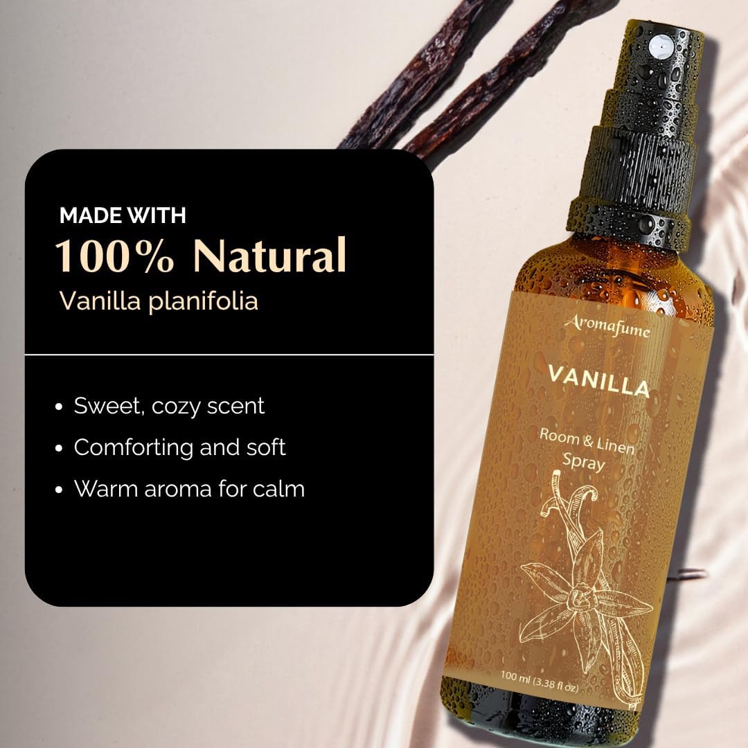 Aromafume Roomspray &amp;amp; Linenspray med vanilje skaber en varm og hyggelig atmosfære. Naturlig duftspray med æteriske olier til hjem og tekstiler.