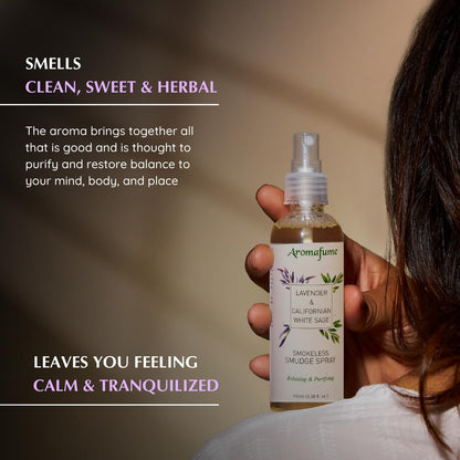 Aromafume Roomspray med Salvie &amp;amp; Lavendel – røgfri smudging med æteriske olier. Renser energien og skaber ro, klarhed og balance.