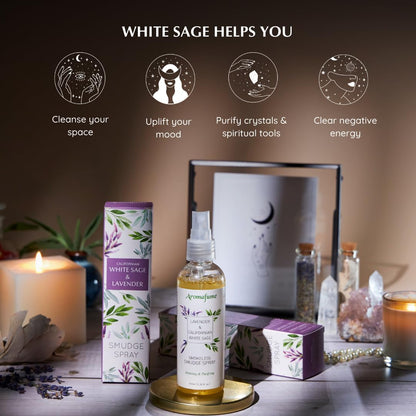 Aromafume Roomspray med Salvie &amp;amp; Lavendel – røgfri smudging med æteriske olier. Renser energien og skaber ro, klarhed og balance.