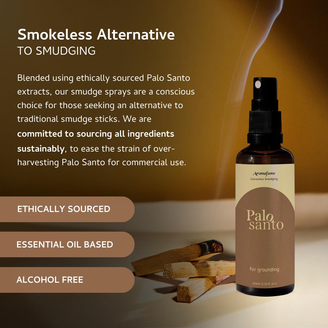 Aromafume Palo Santo roomspray i brunt glasflaske med naturlige krystaller og træpinde til hjemmeduft