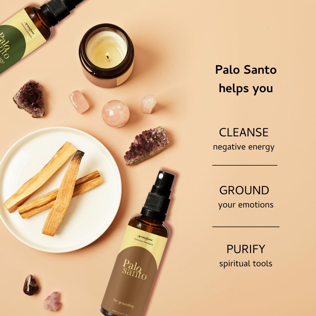 Aromafume Palo Santo roomspray i brunt glasflaske med naturlige krystaller og træpinde til hjemmeduft