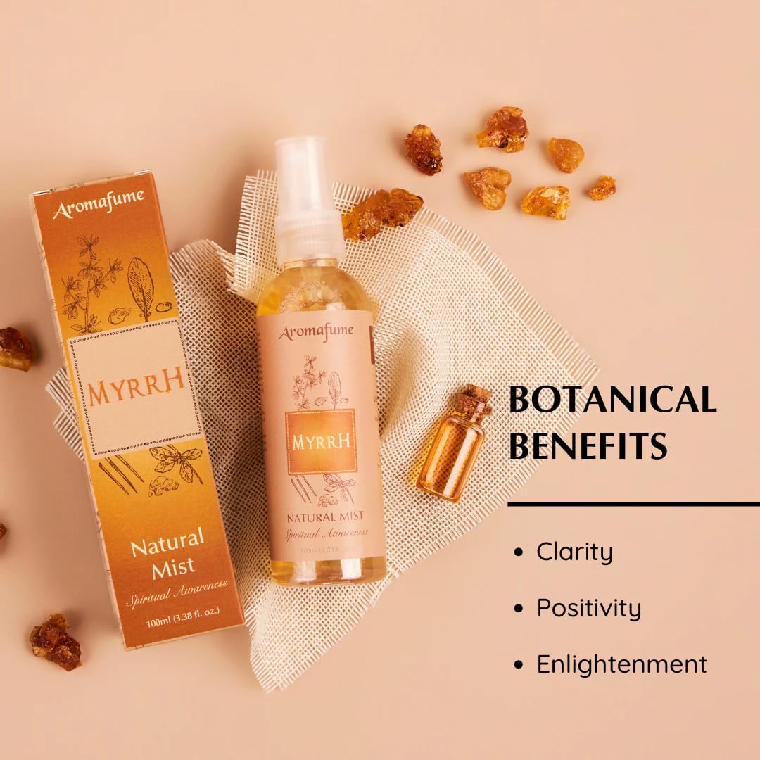 Aromafume Myrrh Resin Mist renser hjemmet for tung energi og skaber ro. Naturlig roomspray med myrrha til meditation, balance og velvære.