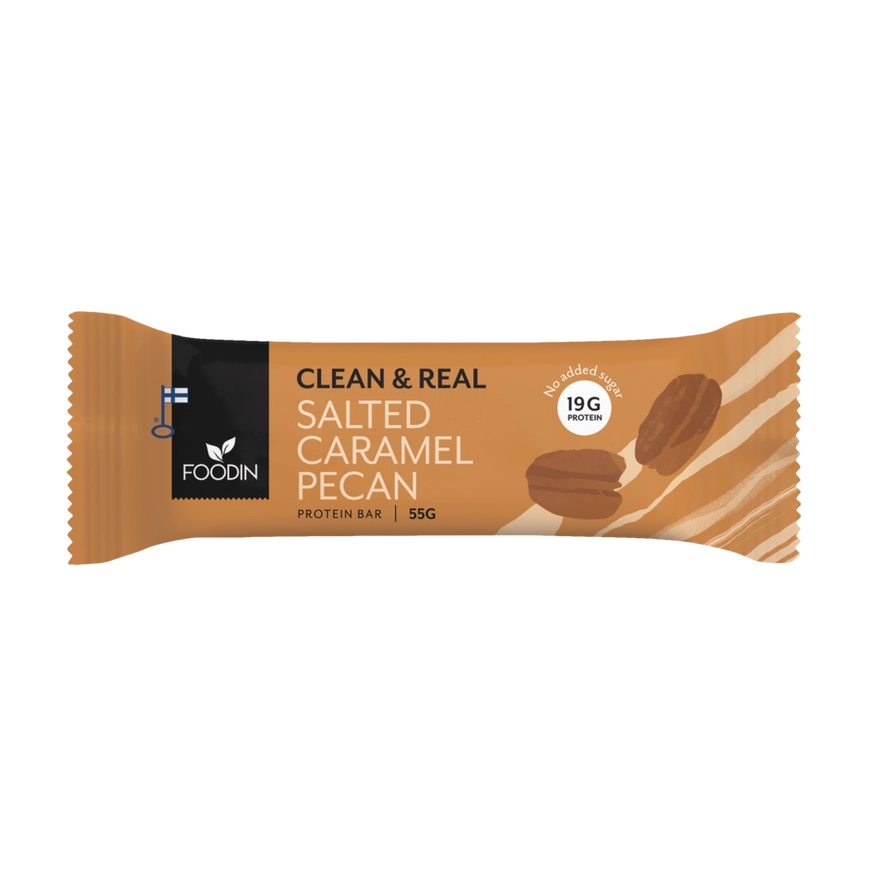 Saltet karamel pecan proteinbar i emballage