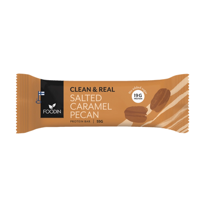 Saltet karamel pecan proteinbar i emballage