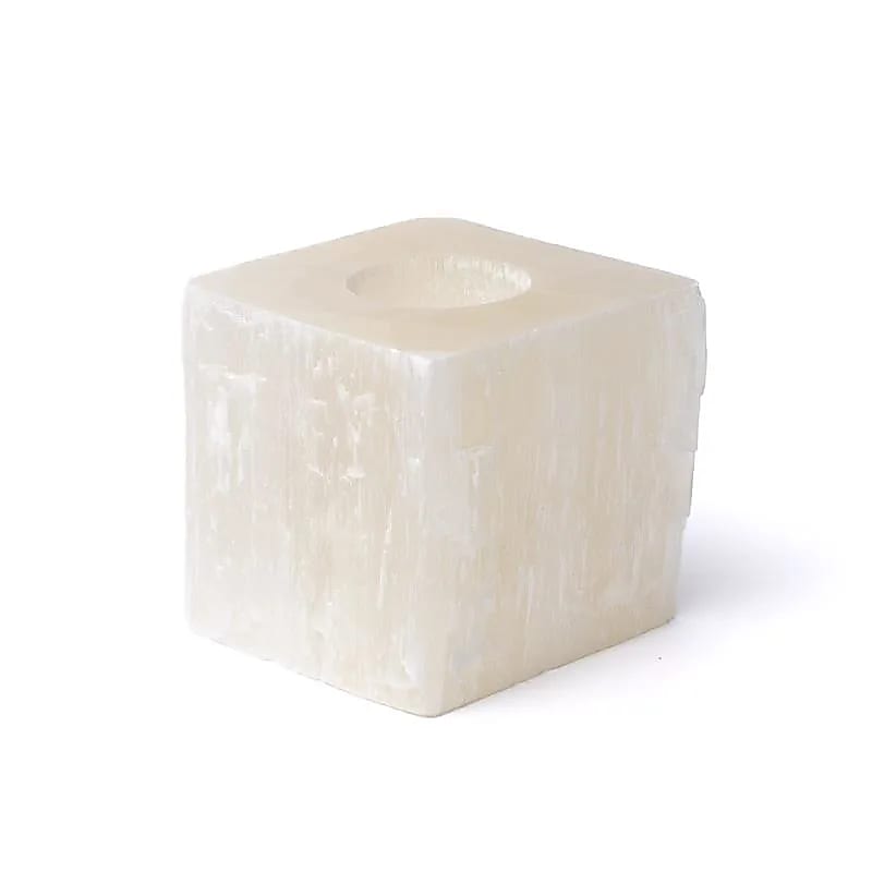 Lysestage – Hvid Selenit, Firkantet | Overblik, rensende energi & blødt lys