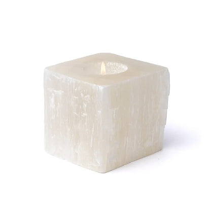 Lysestage – Hvid Selenit, Firkantet | Overblik, rensende energi &amp; blødt lys