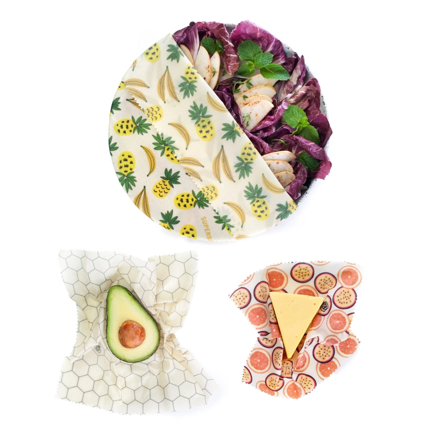 Plastikfri bivoks wraps i 3 størrelser – et bæredygtigt alternativ til plastfolie og stanniol.