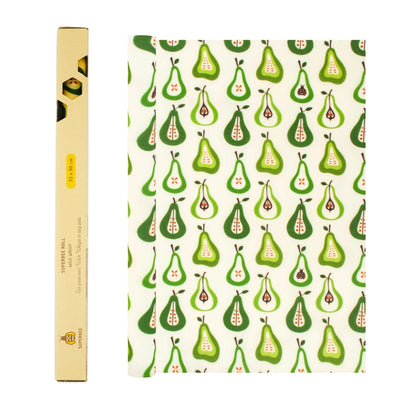 Økologisk bivoks wrap rulle med pæreprint, genanvendelig madindpakning, 33x92 cm