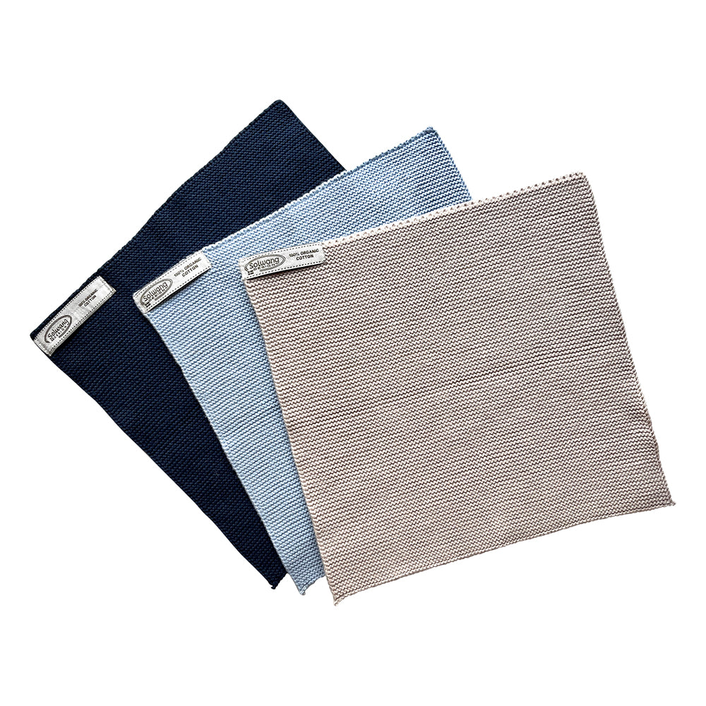 Farvede karklude i blå, beige og navy, økologisk bomuld, 3 stk