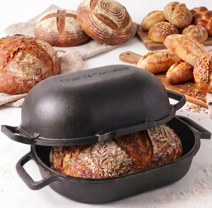 Ekstra stor støbejerns Bread Pan med låg til surdejsbrød, steam baking og sprød artisan skorpe.