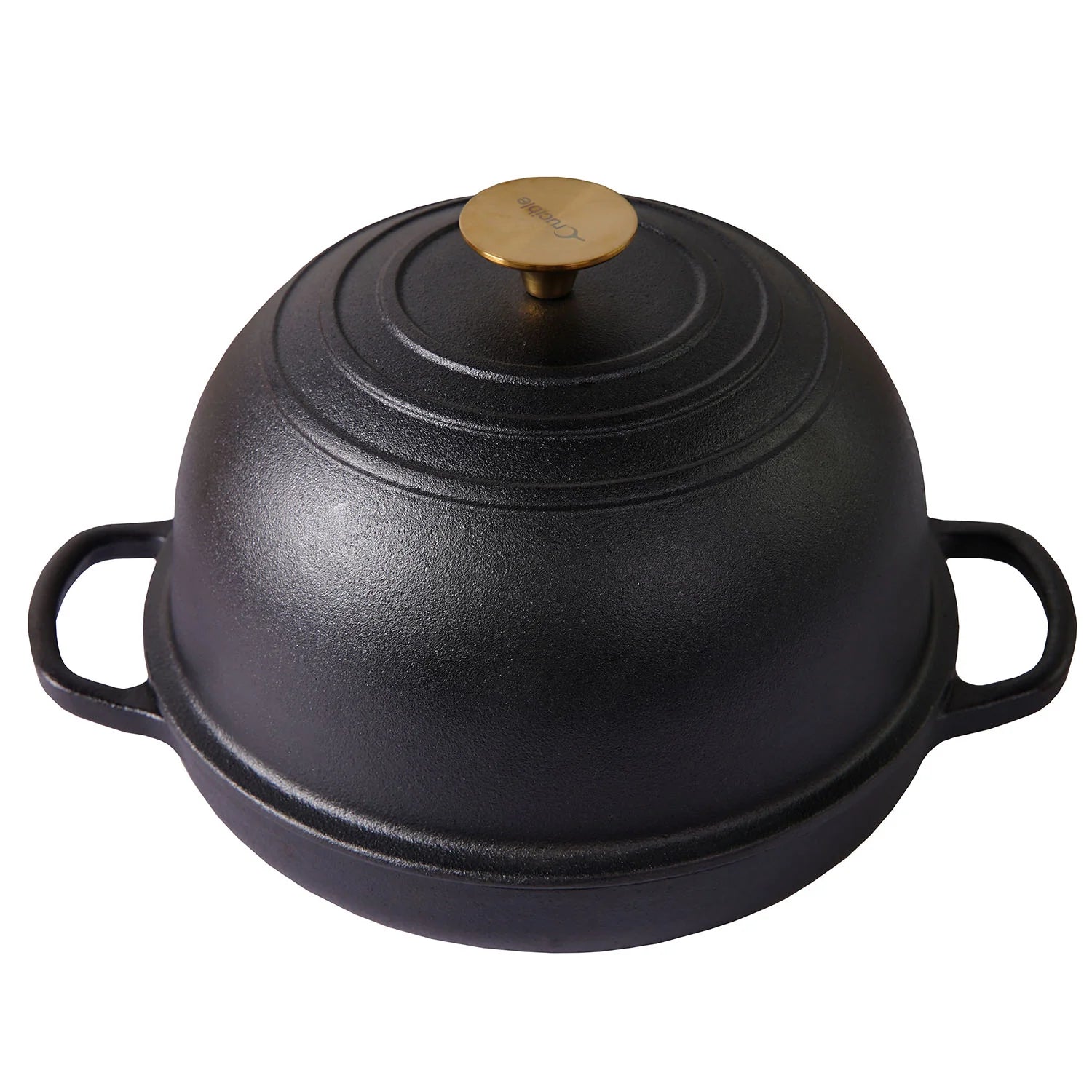 Rund støbejerns Bread Pan med låg til surdejsbrød, steam baking og sprød artisan skorpe.