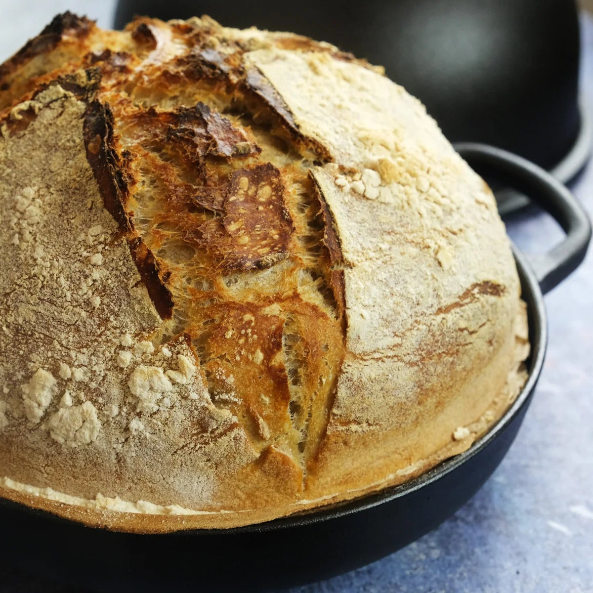 Rund støbejerns Bread Pan med låg til surdejsbrød, steam baking og sprød artisan skorpe.