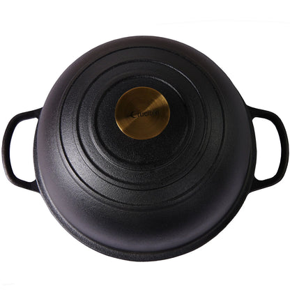Rund støbejerns Bread Pan med låg til surdejsbrød, steam baking og sprød artisan skorpe.